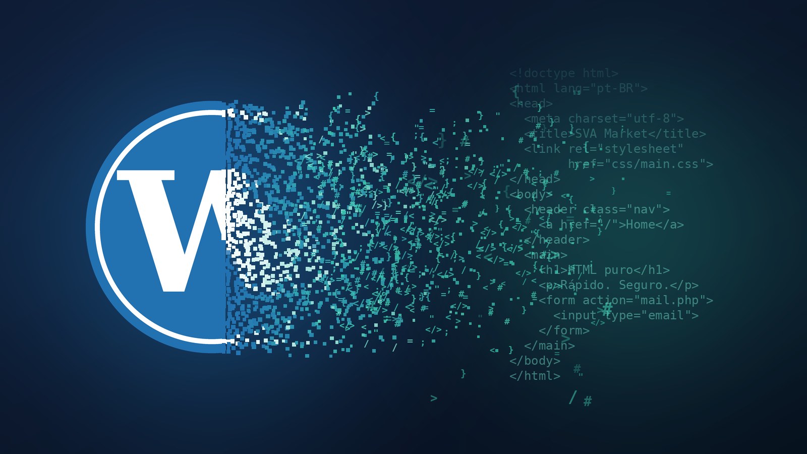 Logo do WordPress se desfazendo em pequenos blocos que se transformam em tags de código HTML
